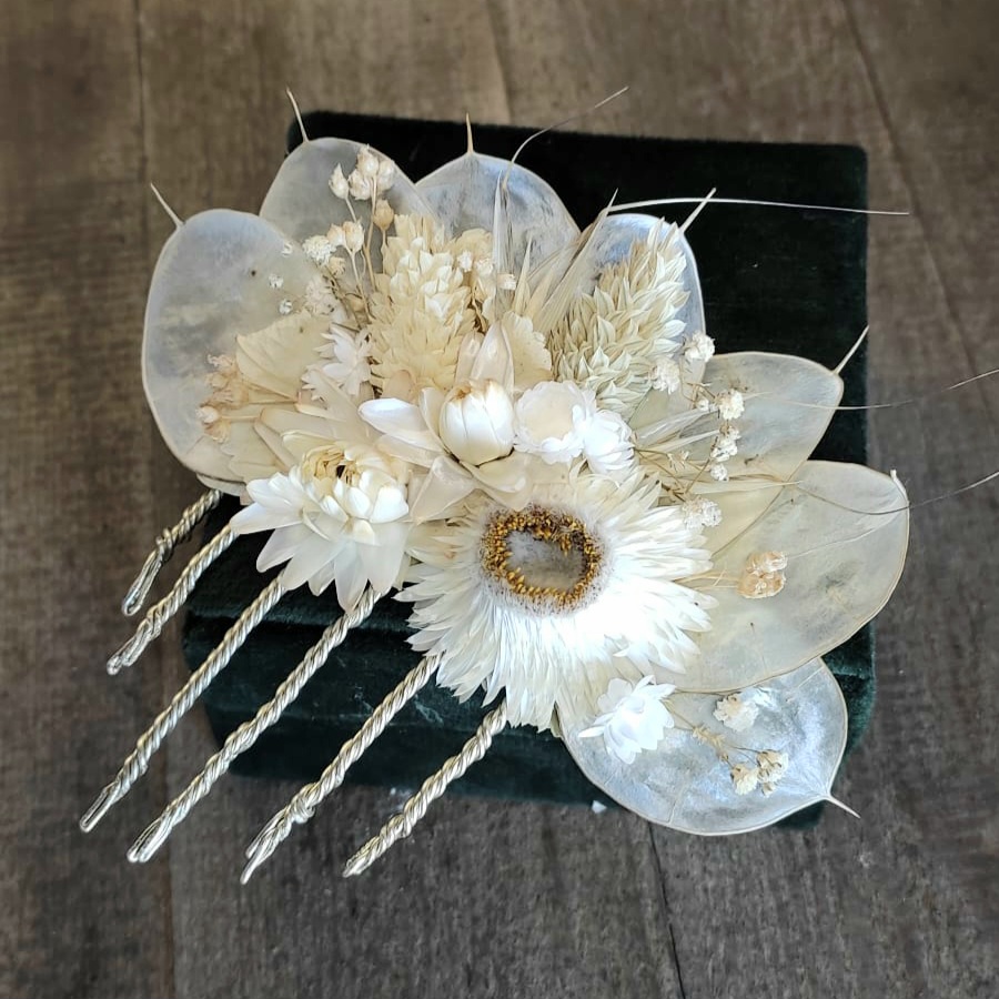 Mariage bijou peigne Fleurs séchées Fleuriste Sète Amazonie